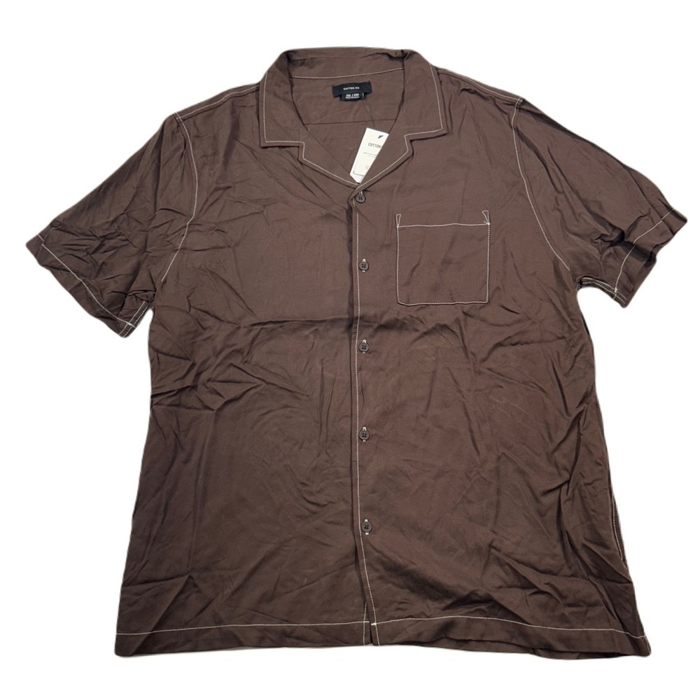 Cotton On Pop Stitch Shirt Mens 2XL Riviera Short Sleeve Button Brown $50 NEW
